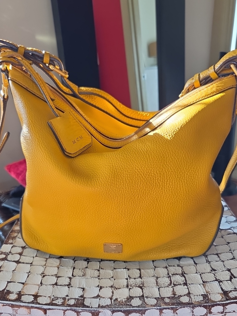 MCM Mustard Yellow Leather Shoulder Bag